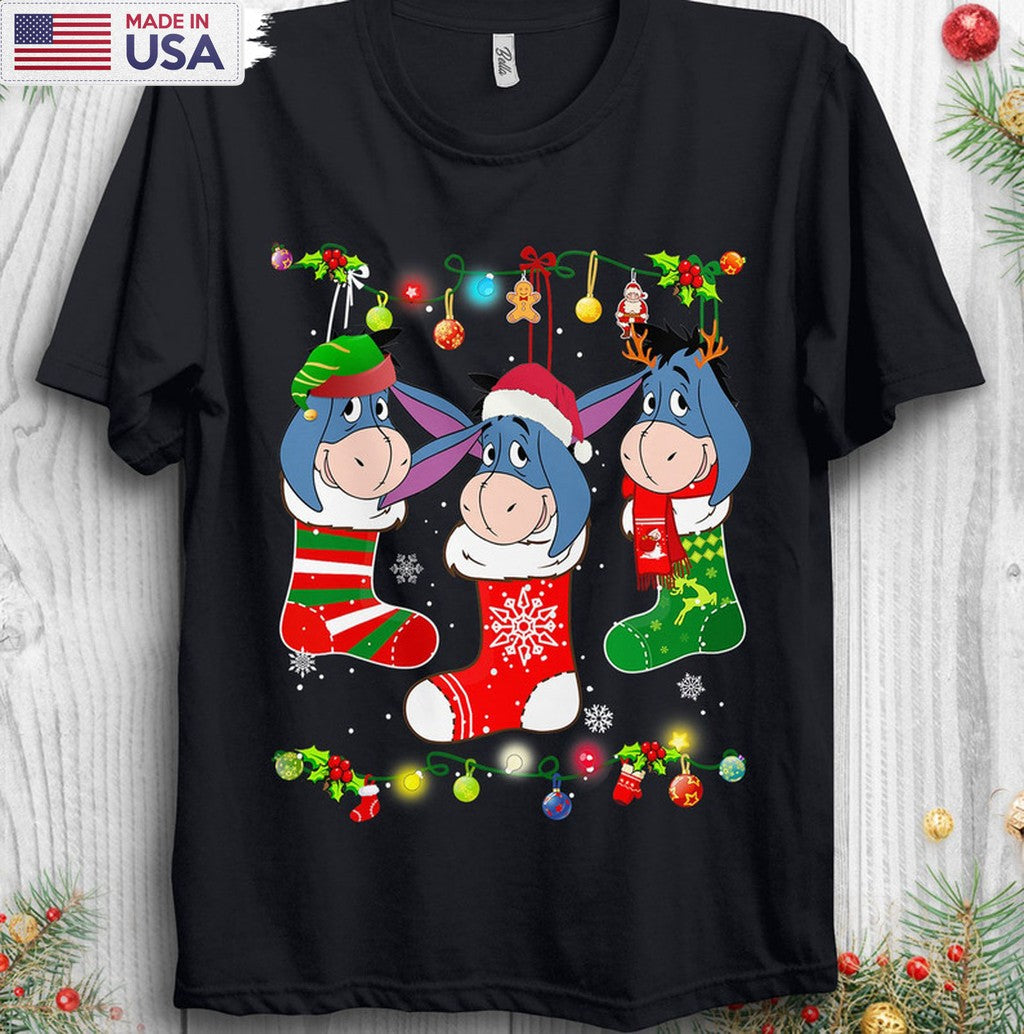 Eeyore Christmas Socks Shirt, Christmas Lights Short Sleeve Crewneck