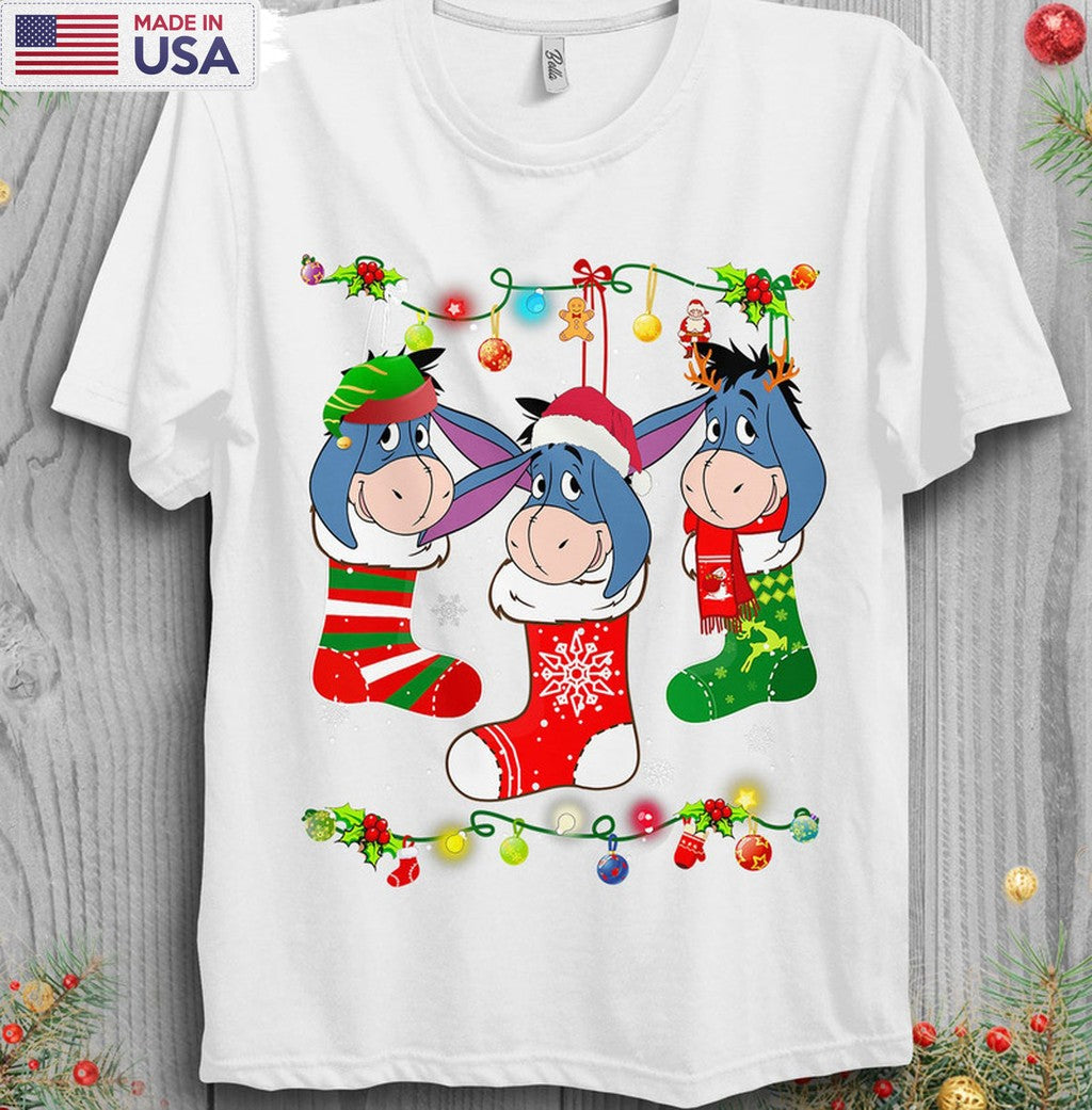 Eeyore Christmas Socks Shirt, Christmas Lights Short Sleeve Crewneck