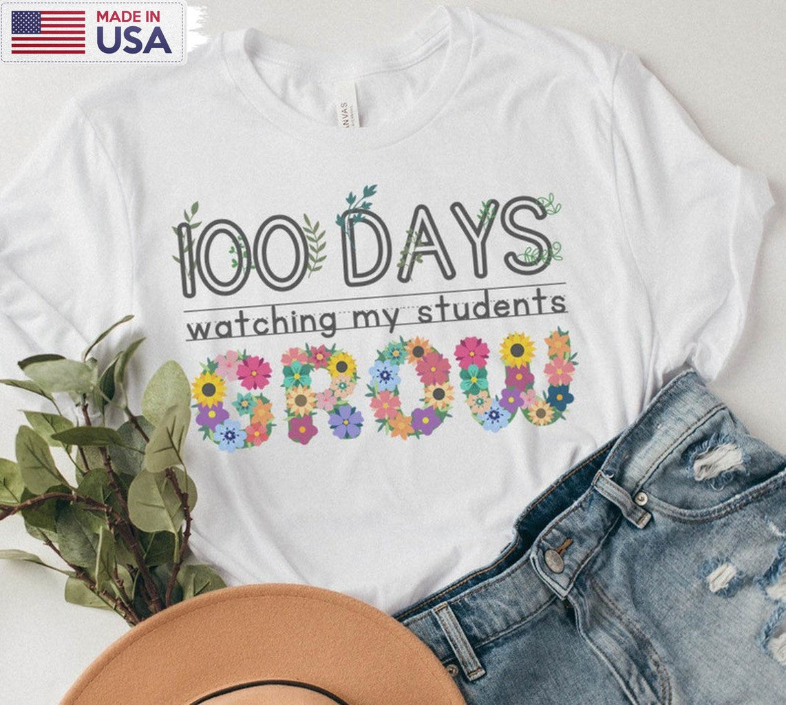 100 Days Watching My Students Grow Flower Shirt, Cute Teacher Long Sleeve Unisex Hoodie
